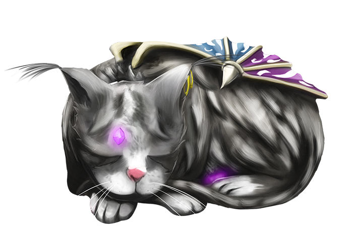 Sweet Loki curled up asleep, with a glowing purple gem on his forehead and colorful gifts resting on his back.